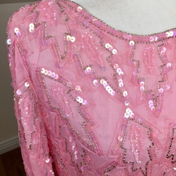 Vintage 80’s Silk Sequin Midi Shift Dress Long Sleeve Cocktail Dress - Picture 3 of 12